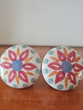 Hand-painted Floral Ceramic Knob Pair in White, Pink, Blue